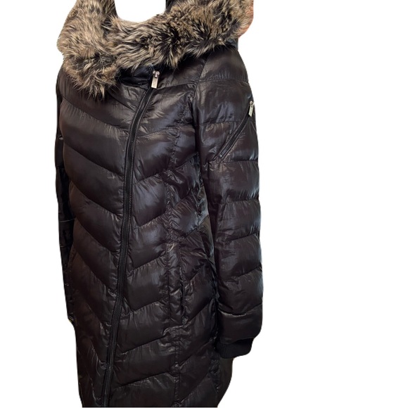 Rachel Faux Fur Trim Asymmetrical Puffer Coat, Black | Sz. Xs | EUC - Picture 4 of 8